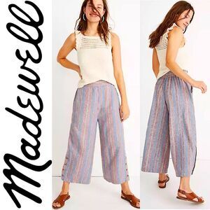 Madewell Side Button Huston Pull On Crop Pants XS Wide Leg Striped Linen Blend